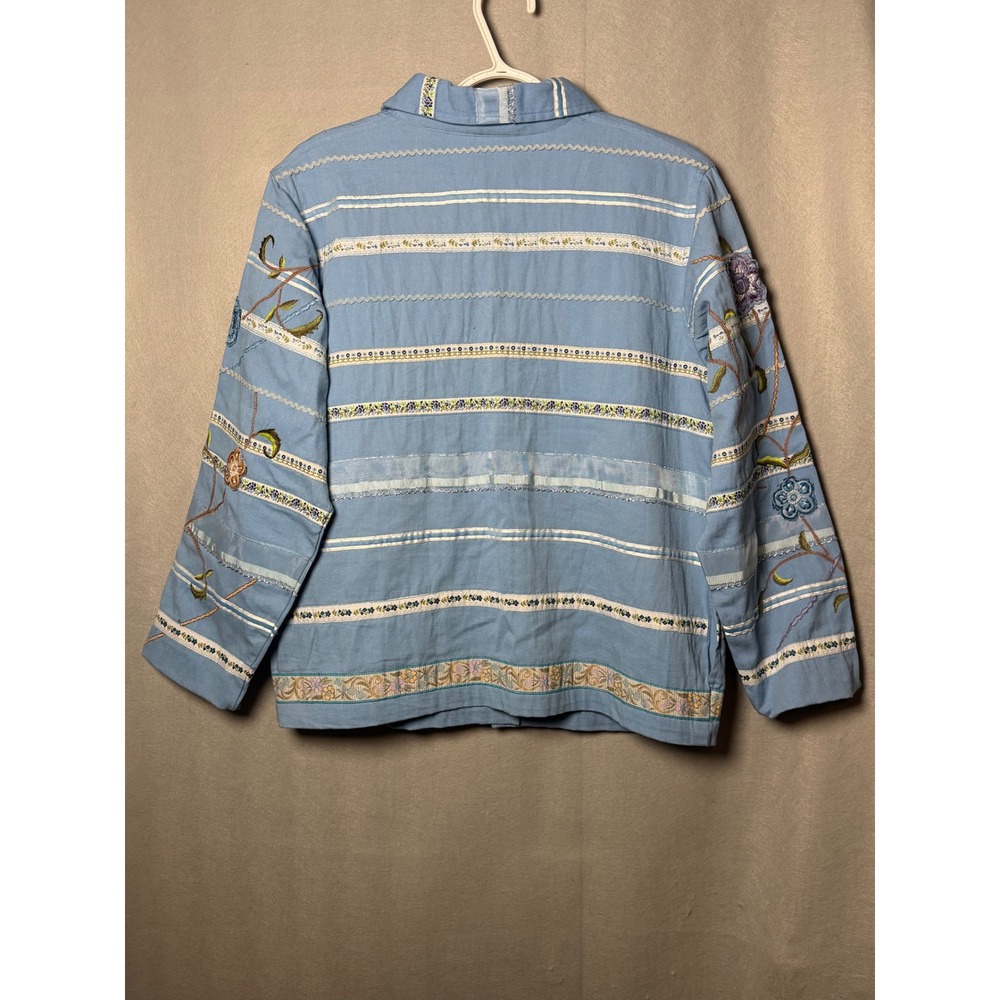 Tantrums Vintage Blue Floral Embroidered Cotton Jacket Ribbon Trim Womens Medium - Picture 3 of 6